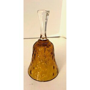 Vintage Amber Glass Bell Clear Handle Thumbprint Design 5 3/4”